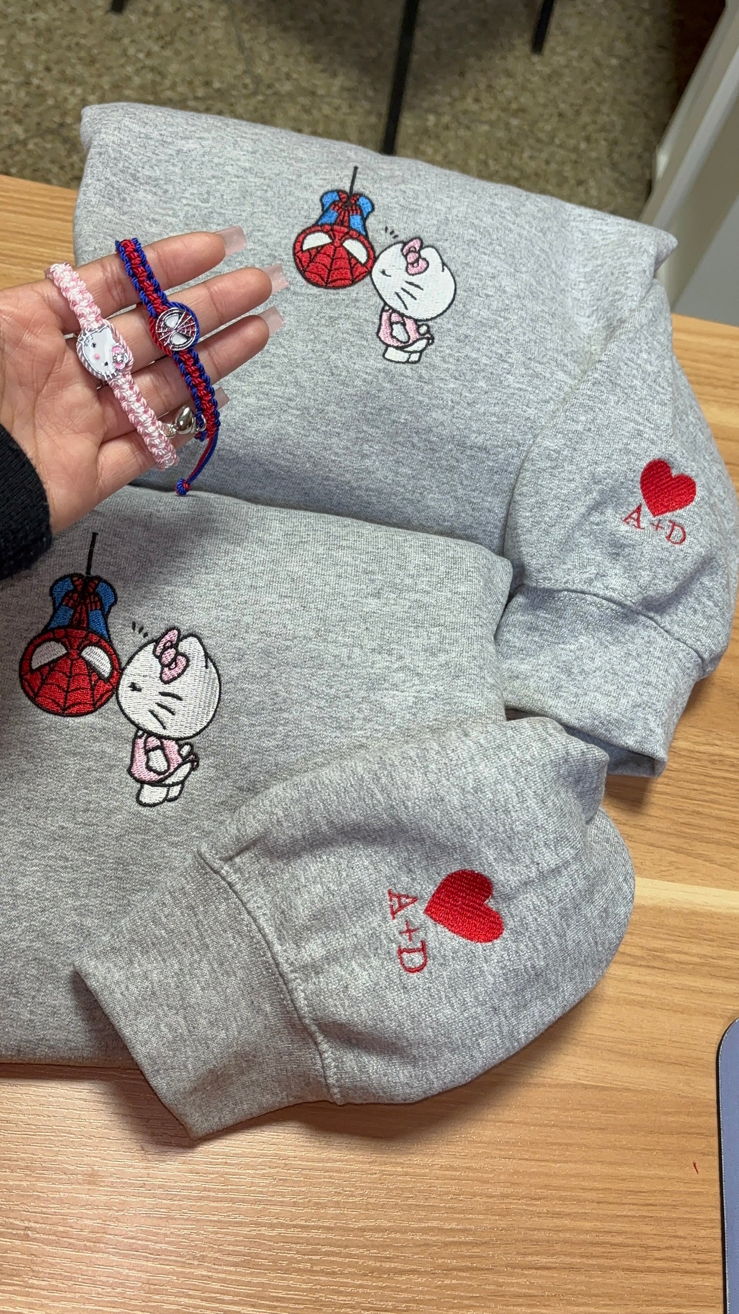 Spiderman & Kitty Embroidered Sweaters with Initial Sleeves