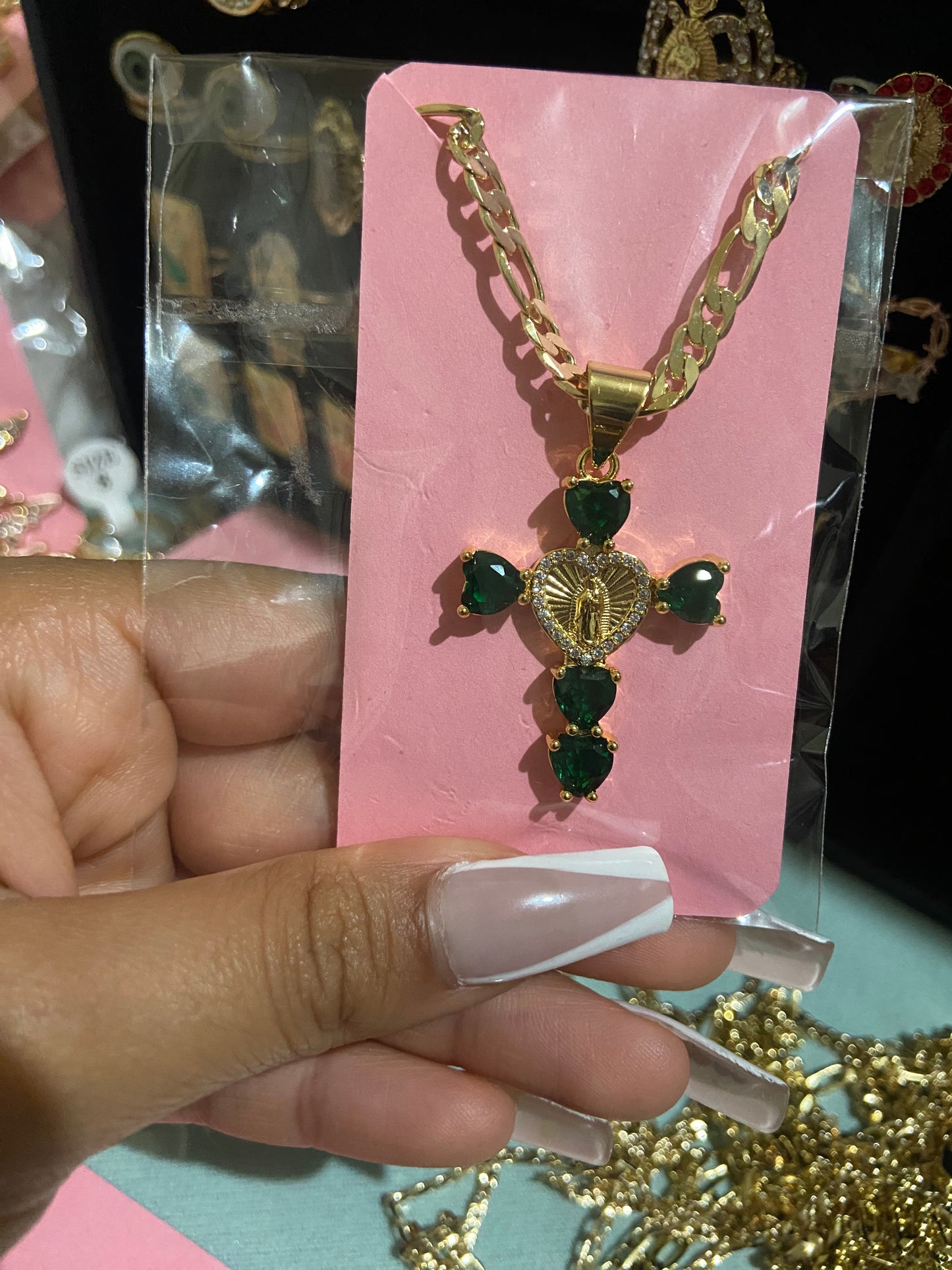 Emerald Green Cross Heart Necklace