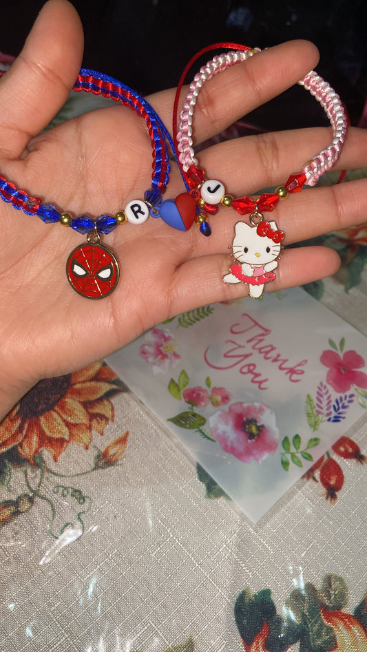 Spider-Man and Hello Kitty Couples Bracelets with initials